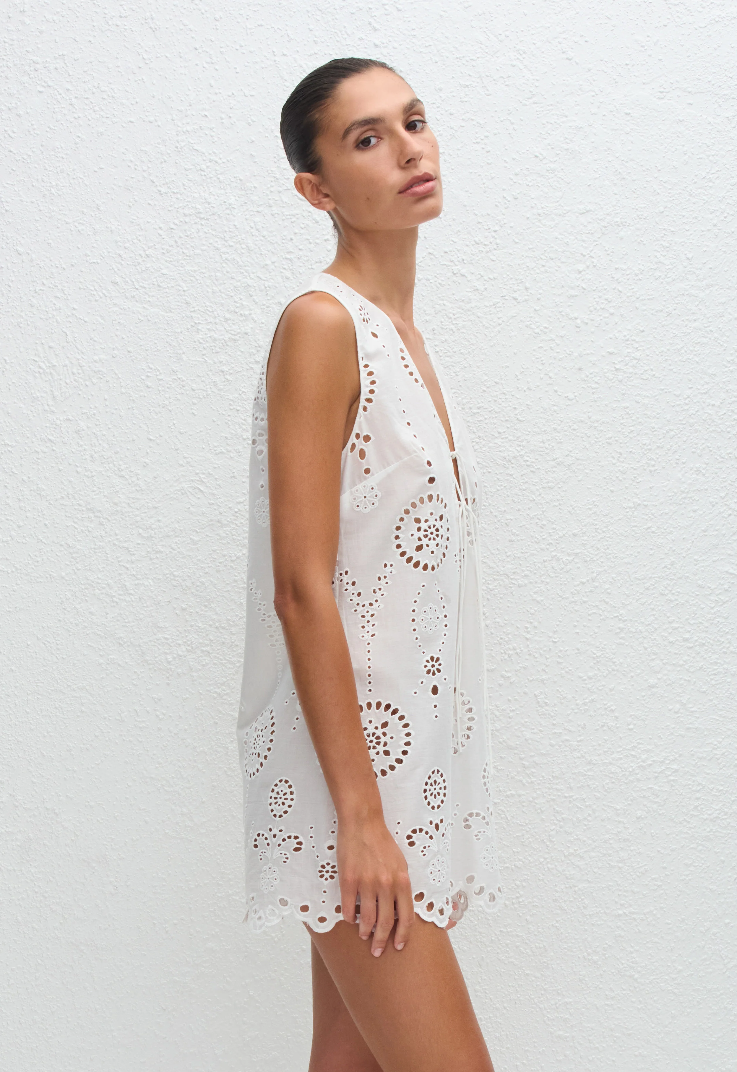 Broderie Tie Mini Dress - White - Image 2