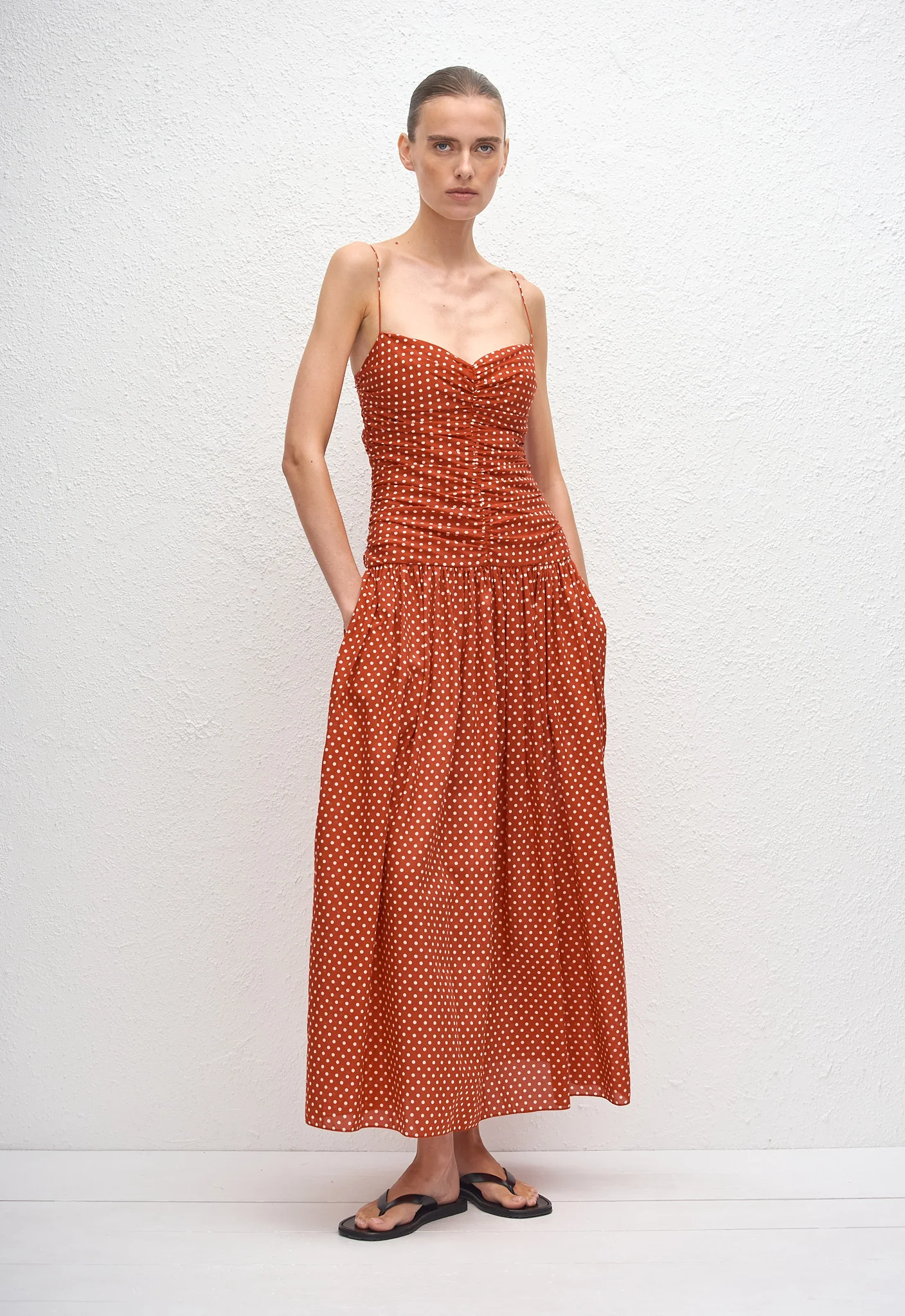 Gathered Drop Waist Dress - Polka Dot (Tomato)