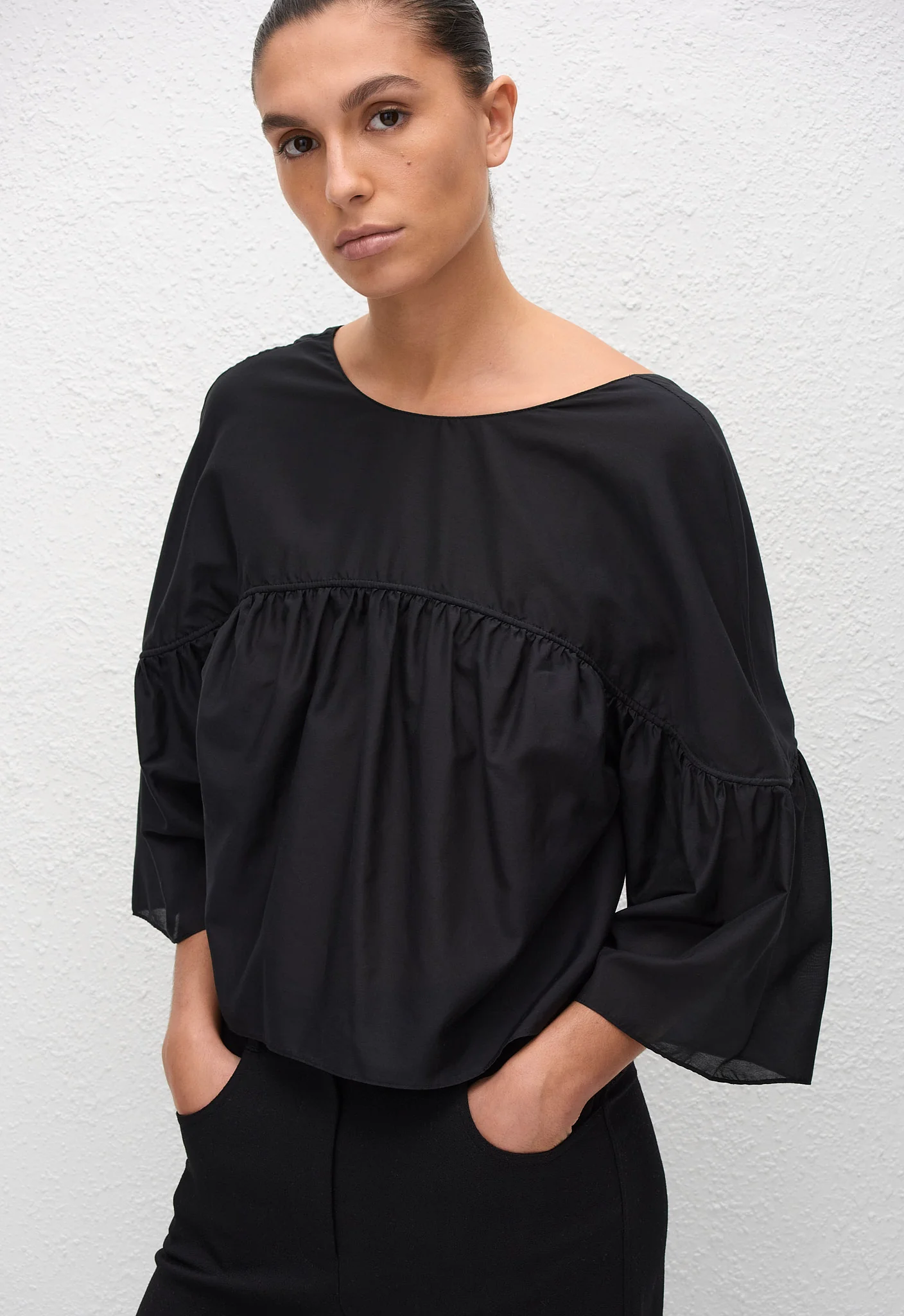 Gathered Yoke Blouse - Black - Image 2