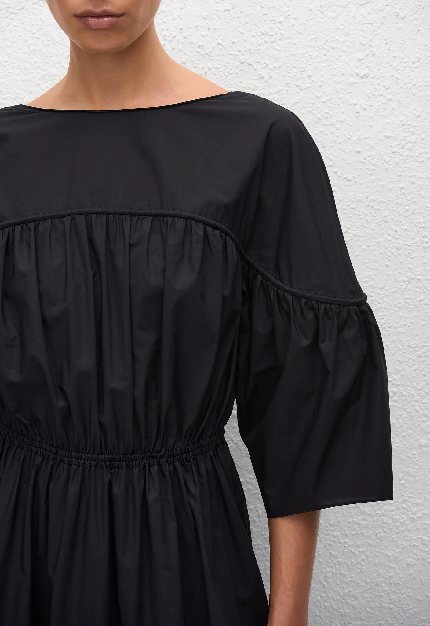 Gathered Yoke Midi Dress - Black - Image 3