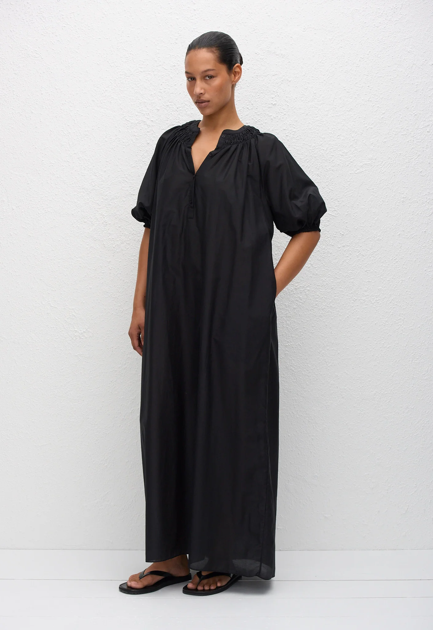 Gathered Yoke Popover Dress - Black - Image 2