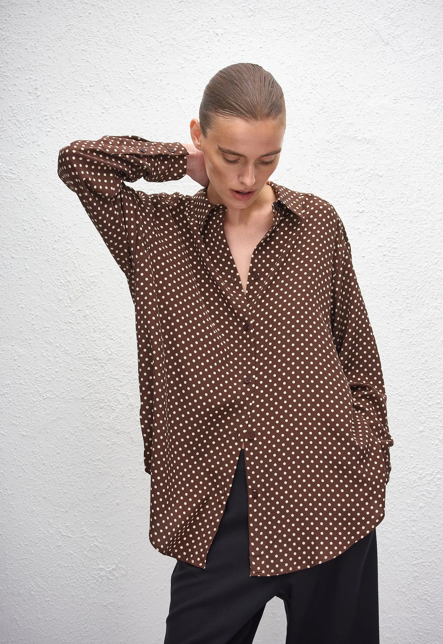 Long Sleeve Silk Shirt - Polka Dot (Chocolate) - Image 2