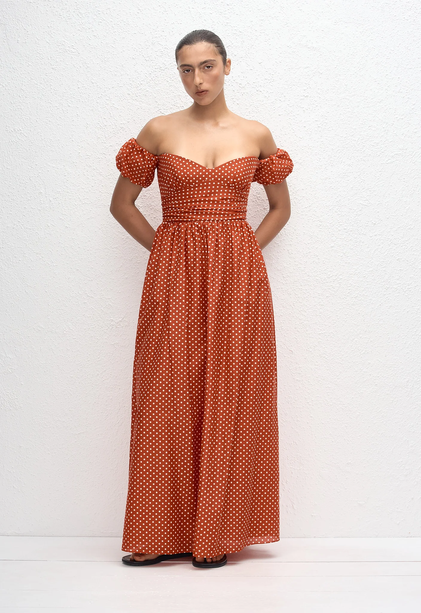 Off Shoulder Midi Dress - Polka Dot (Tomato)