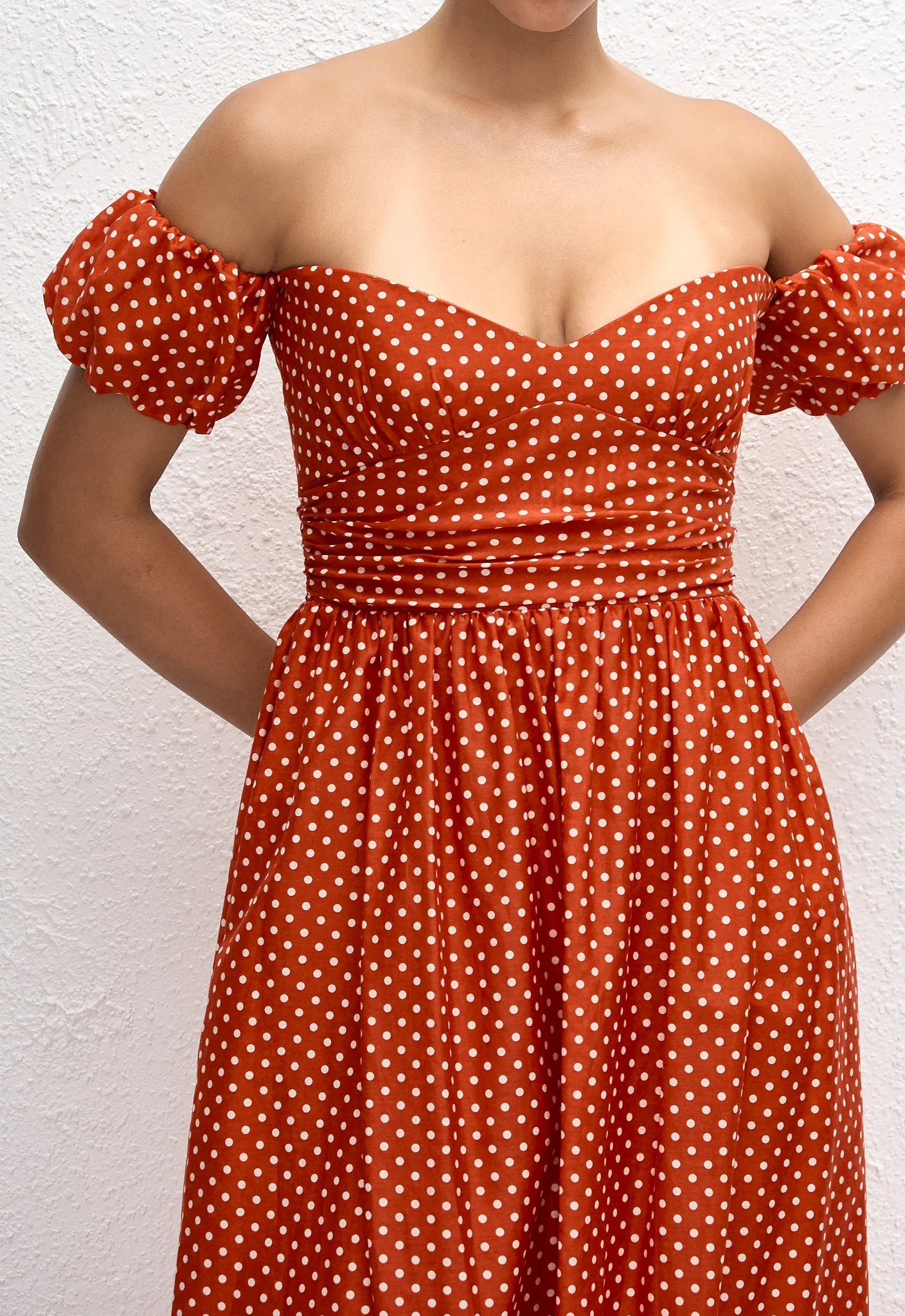 Off Shoulder Midi Dress - Polka Dot (Tomato) - Image 2