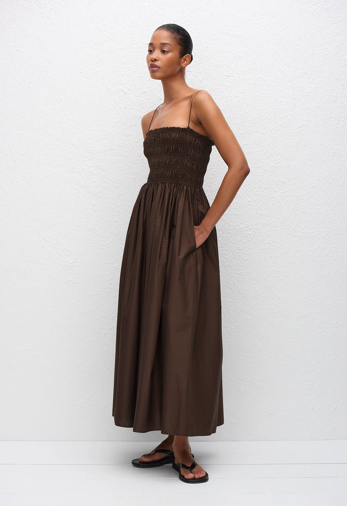 Shirred Bodice Dress - Chocolate - Image 4