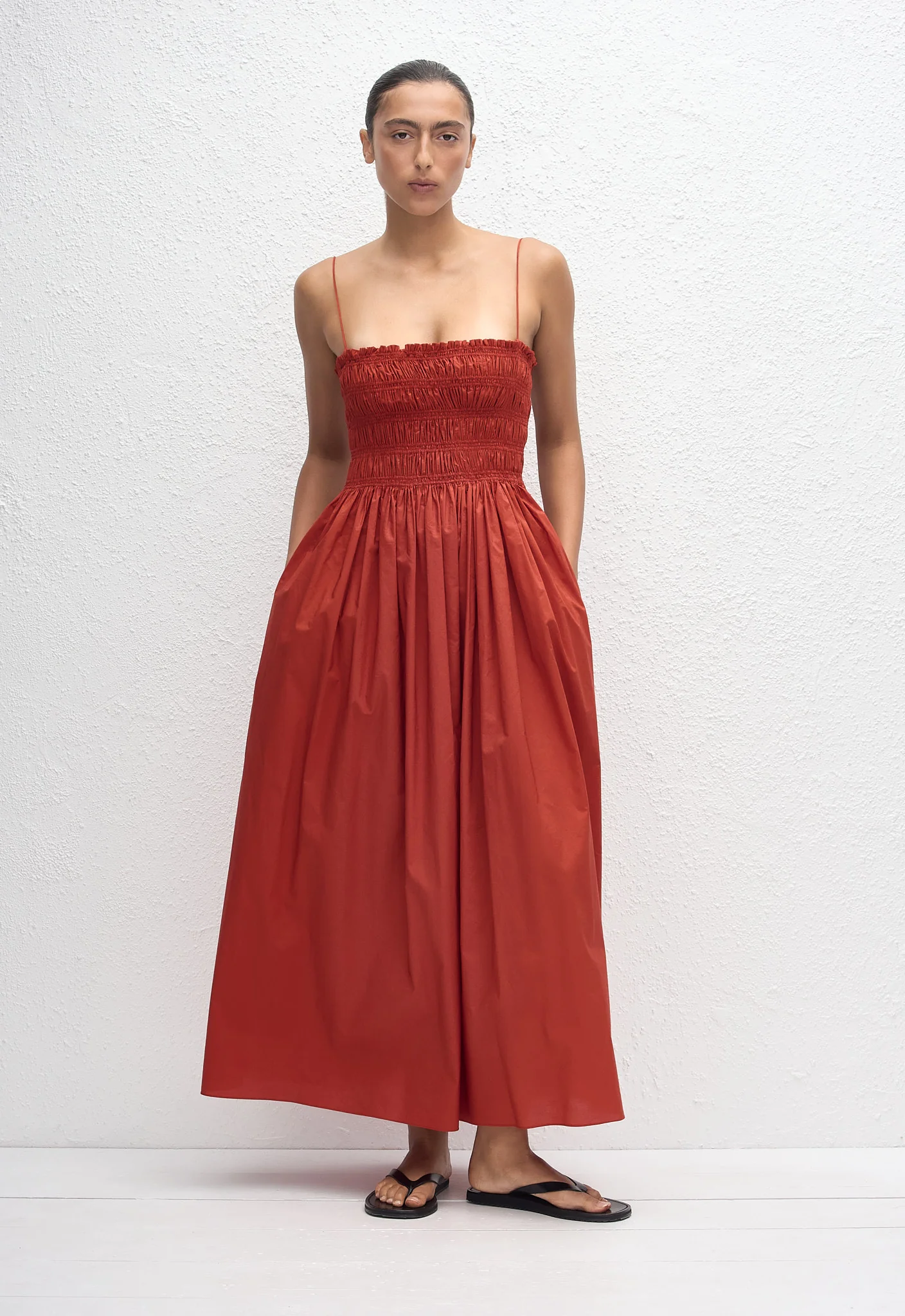 Shirred Bodice Dress - Tomato