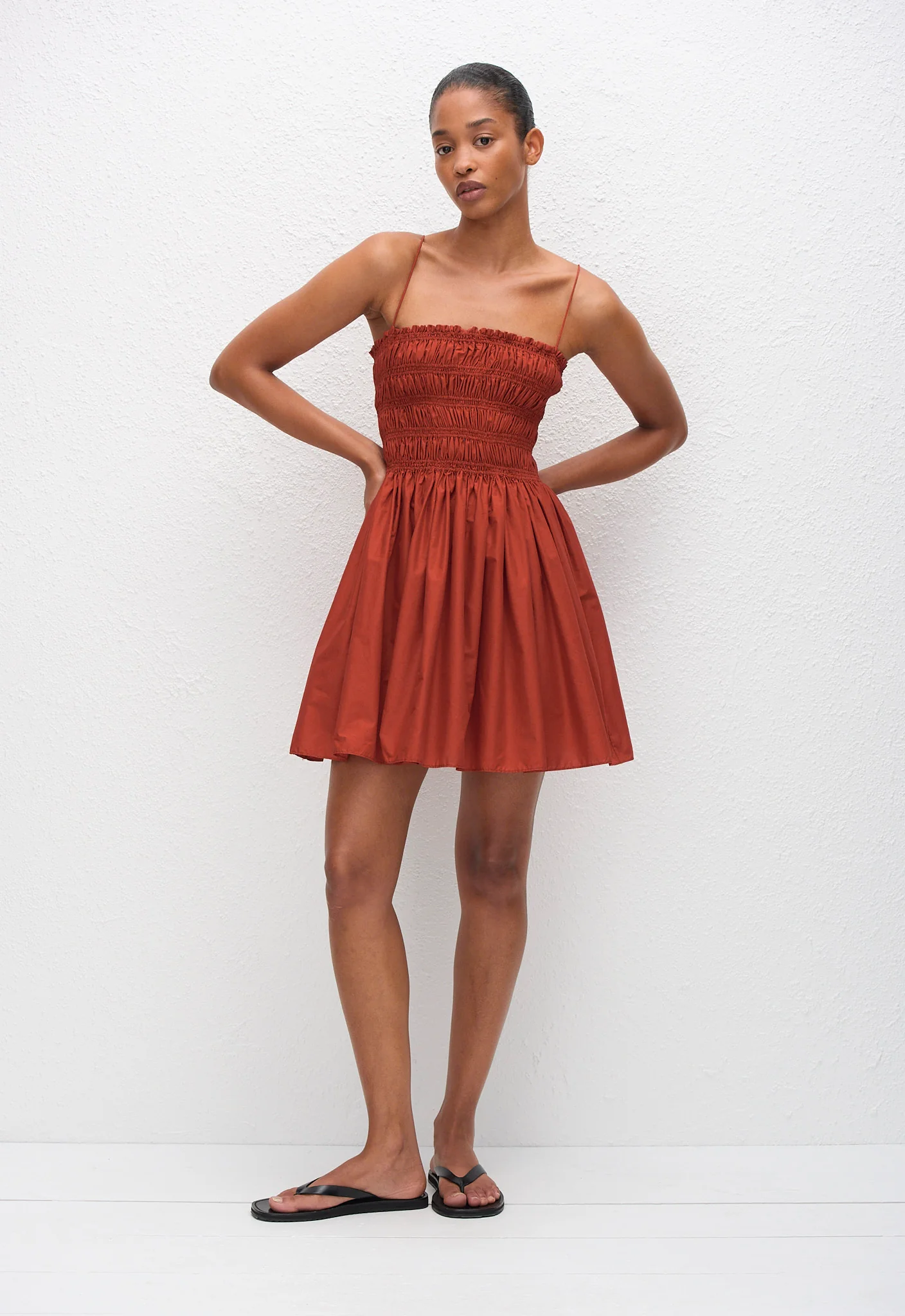 Shirred Bodice Mini Dress - Tomato