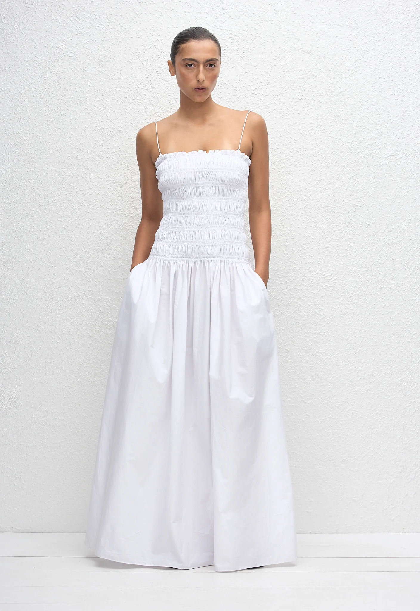 Shirred Drop Waist Dress - White