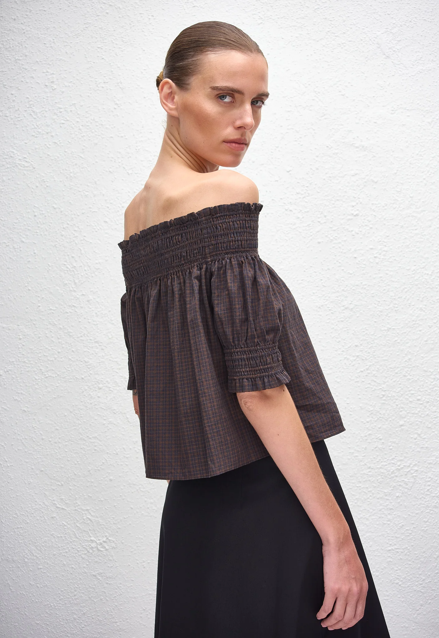 Shirred Off Shoulder Blouse - Nantucket Check - Image 2