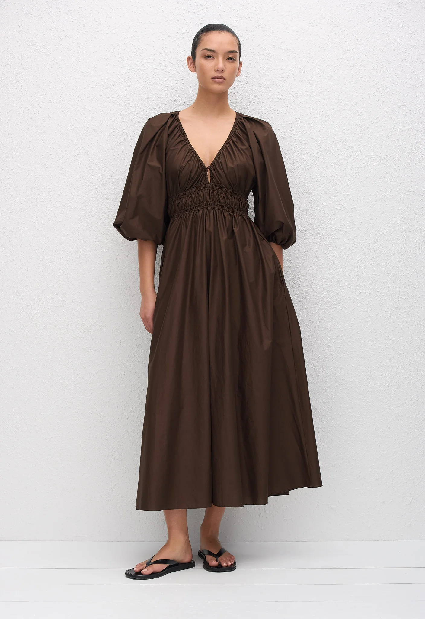 Shirred Plunge Button Dress - Chocolate