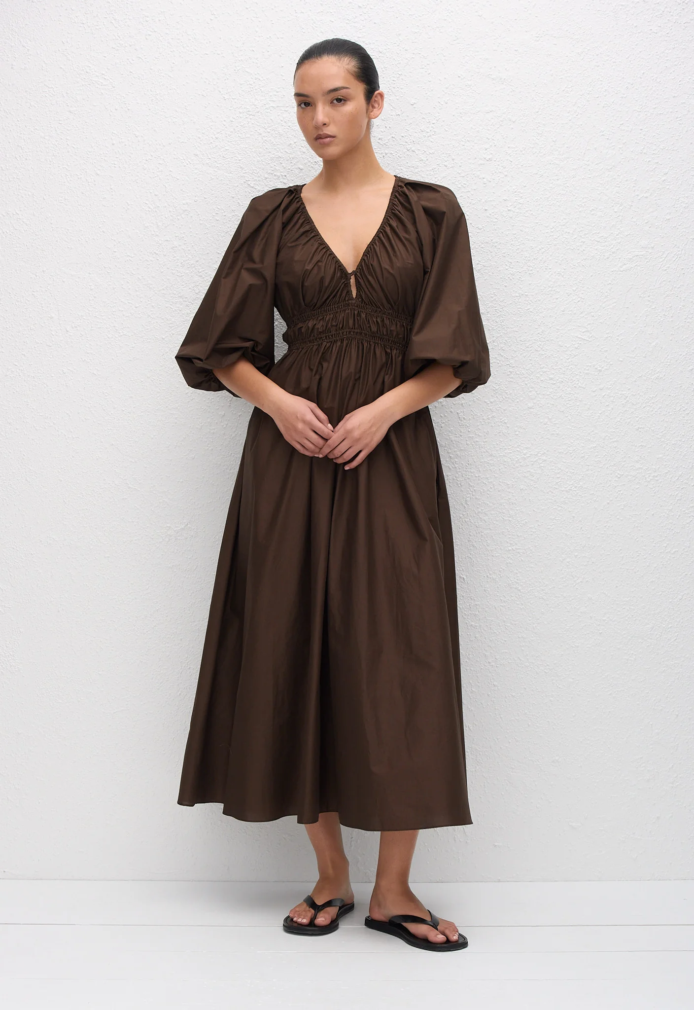 Shirred Plunge Button Dress - Chocolate - Image 2