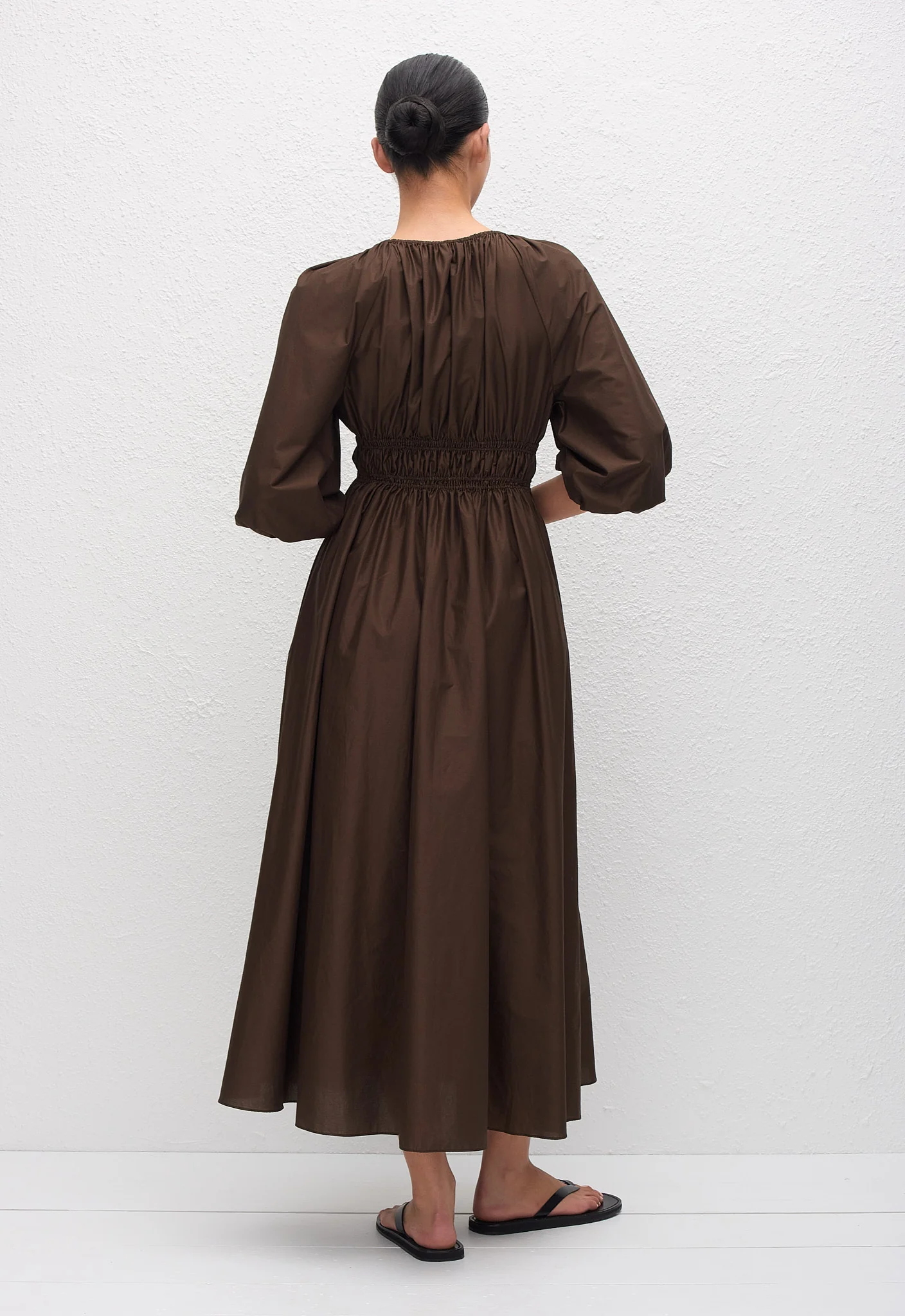 Shirred Plunge Button Dress - Chocolate - Image 3