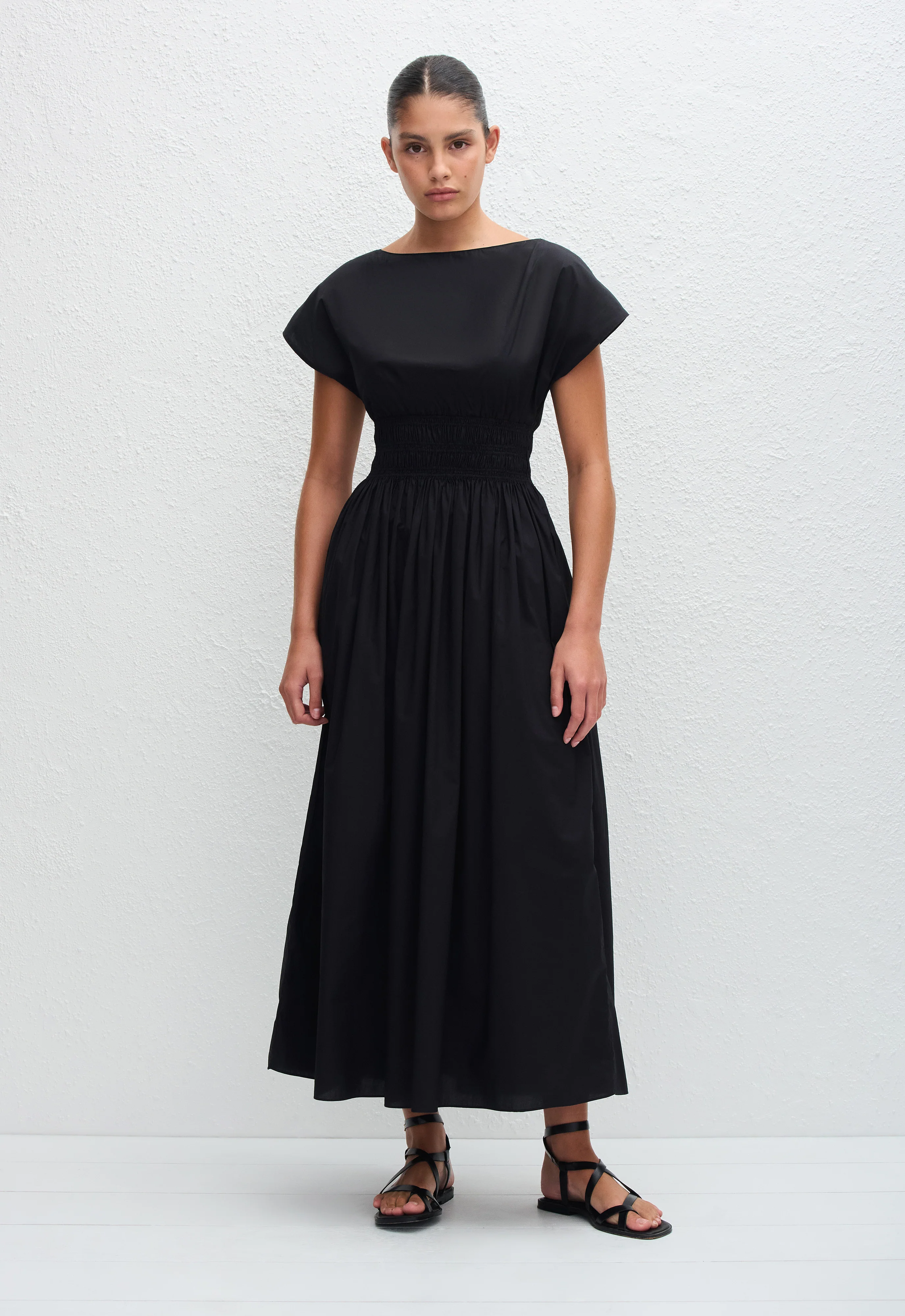 Shirred Waist Midi Dress - Black