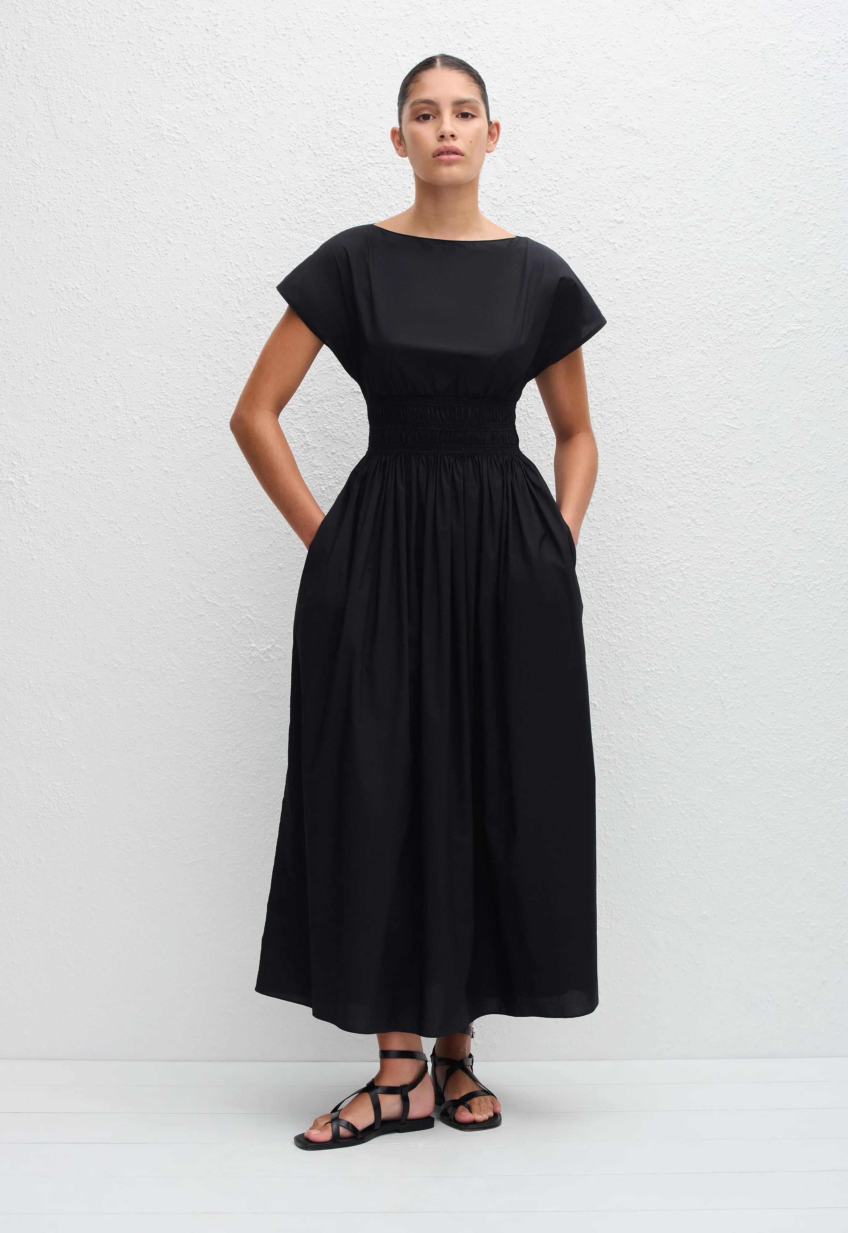 Shirred Waist Midi Dress - Black - Image 2