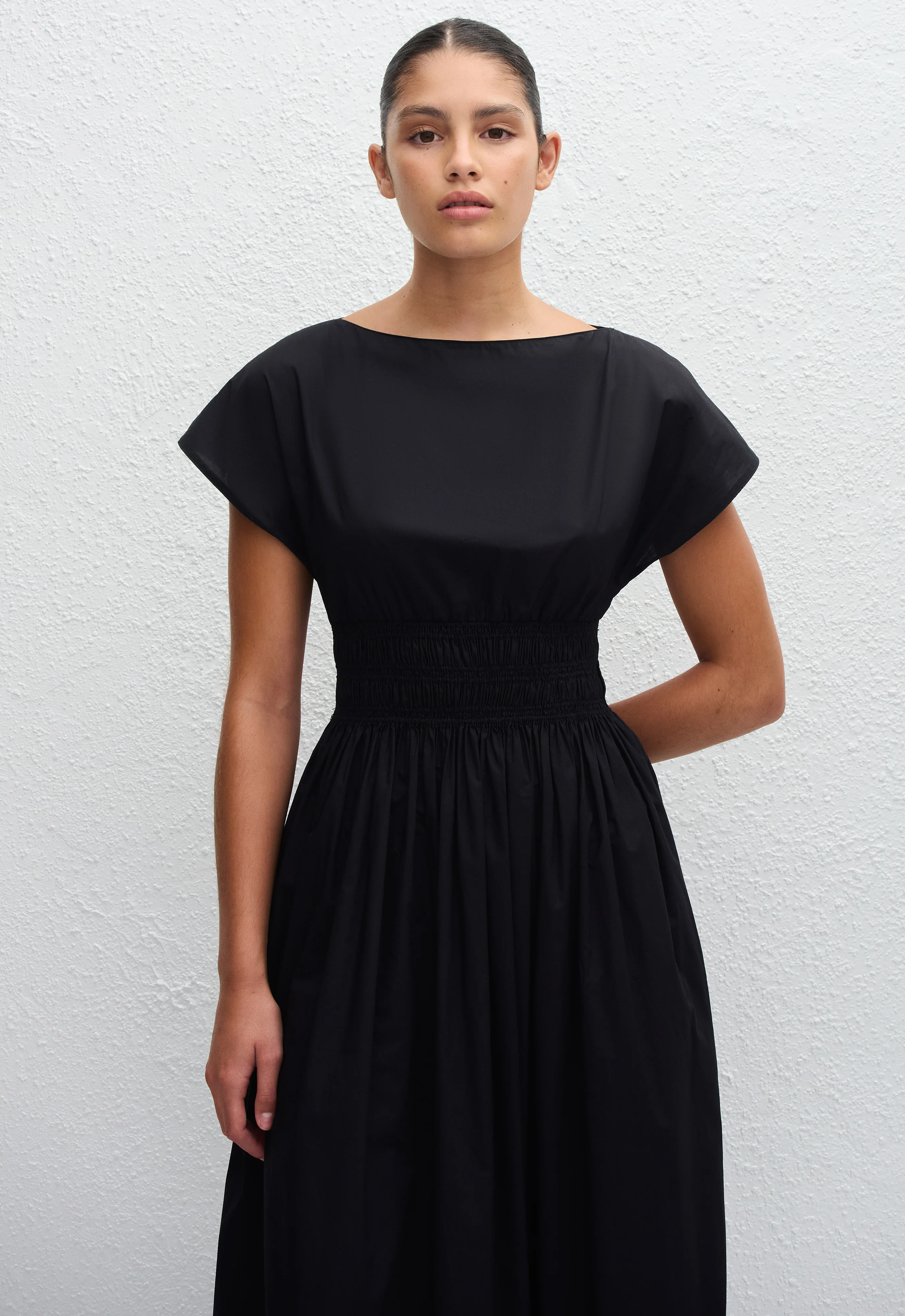 Shirred Waist Midi Dress - Black - Image 3
