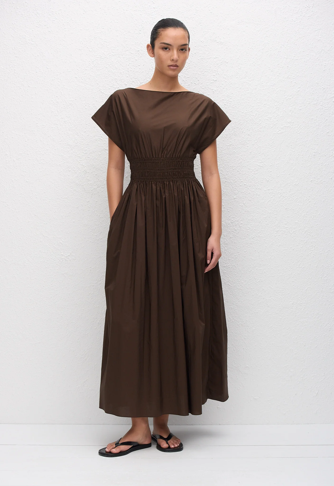 Shirred Waist Midi Dress - Chocolate