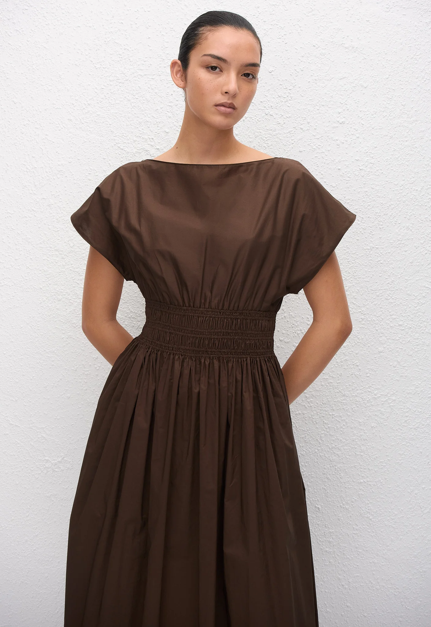Shirred Waist Midi Dress - Chocolate - Image 2