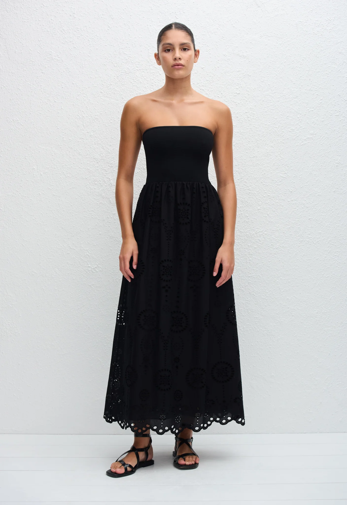 Strapless Knit and Broderie Dress - Black