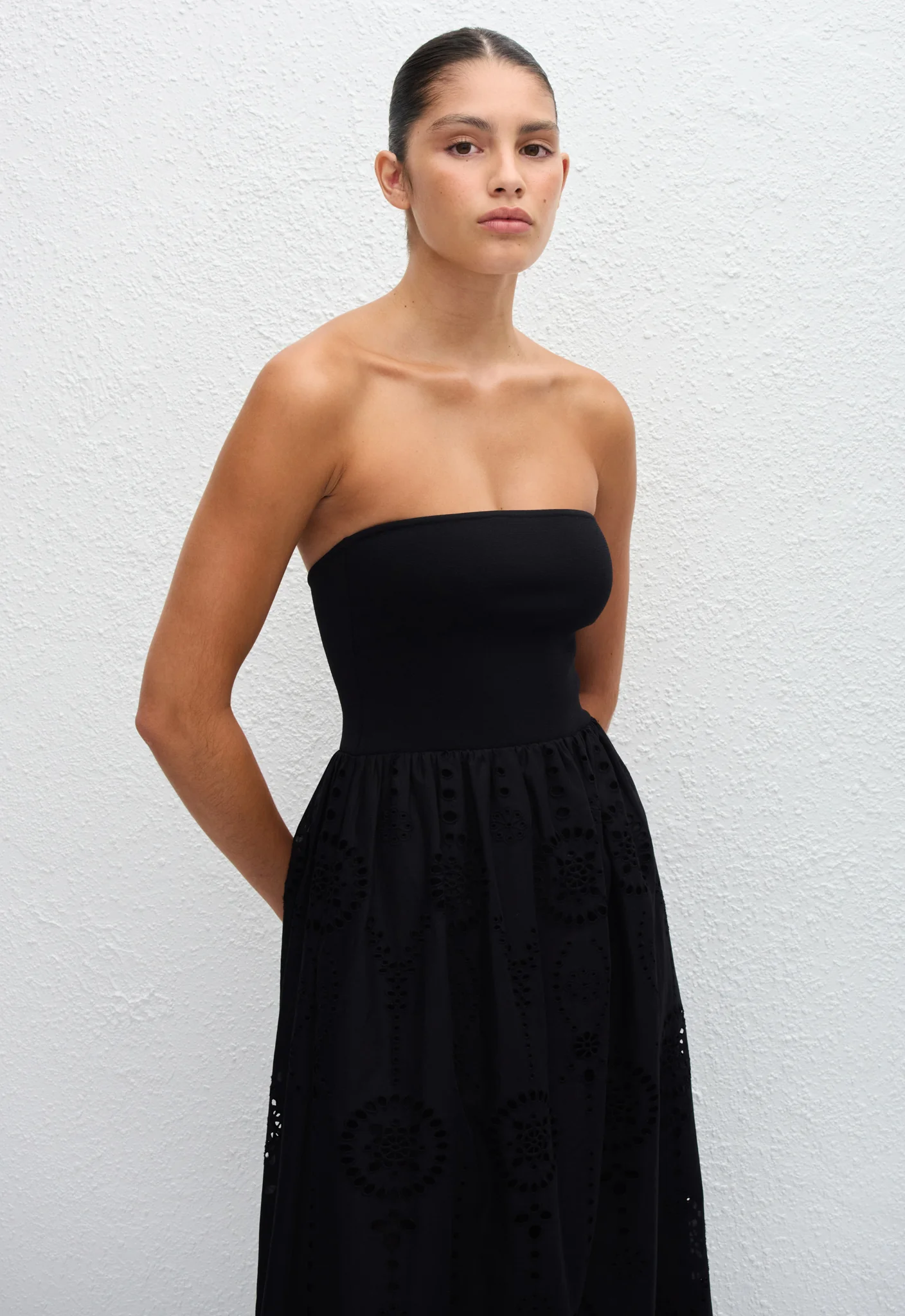 Strapless Knit and Broderie Dress - Black - Image 4